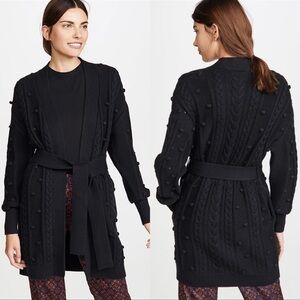 Nicholas Black Cotton Wool Cardigan Pom Pom Sweater Size Large Missing Belt